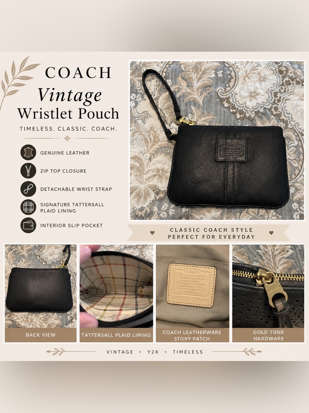 Vintage Coach Black Leather Wristlet Pouch
